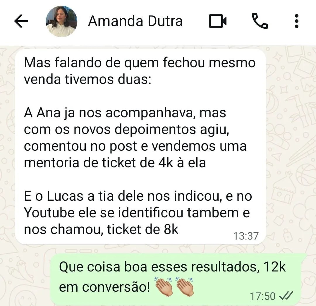 Amanda Dutra: duas mentorias vendidas, de 4 mil e 8 mil
